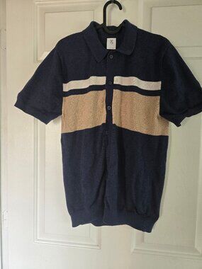 Navy and Tan Short Sleeve Knit Button Up